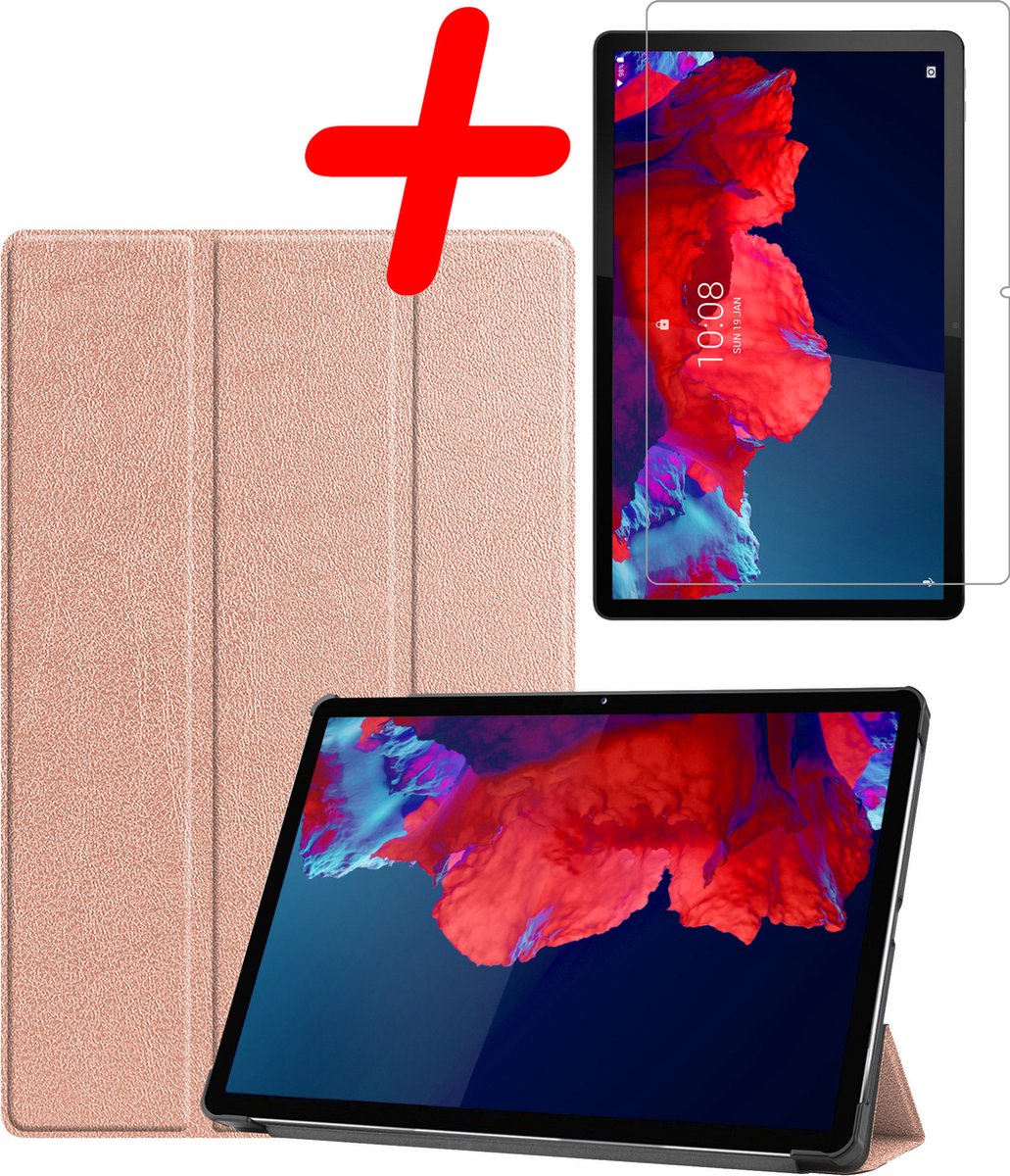 Hoesje Geschikt voor Lenovo Tab P11 - Met Screenprotector - Trifold Bookcase - Hard Cover - Hardcover Book Case - Tablet Hoes - Rosé goud