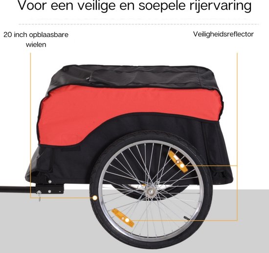 Rode en zwarte fietskar met 20 inch opblaasbare wielen en veiligheidsreflectoren.