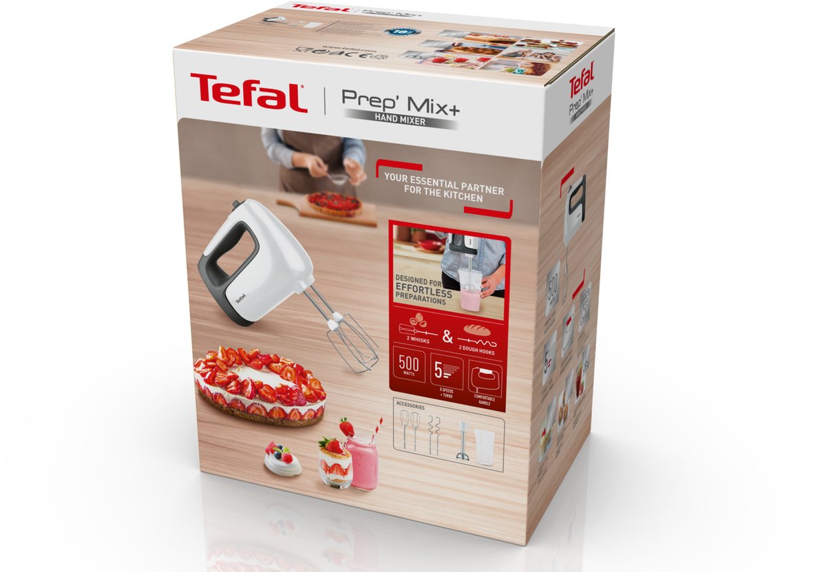 Batteur à Main Tefal Prep'Mix+ 500W - 5 Vitesses + Turbo - Fouets, Crochets Et Mixeur Inclus