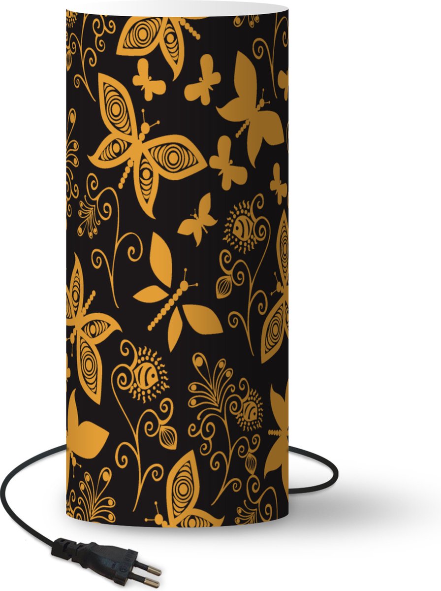 Lamp - Nachtlampje - Tafellamp slaapkamer - Bloemen - Vlinder - Goud - Patroon - 70 cm hoog - Ø29.6 cm - Inclusief LED lamp
