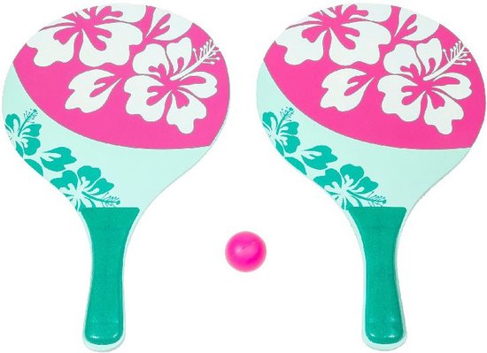 Foto: Houten beachball set groen roze met bloemen print strand balletjes rackets batjes en bal tennis ballenspel