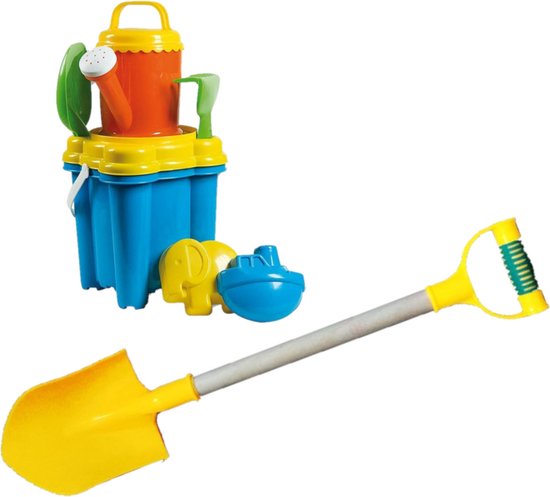 Strand/zandbak speelgoed kasteel emmer met vormpjes en klein schepje, hark, zeef + grote zandschep van 55 cm geel