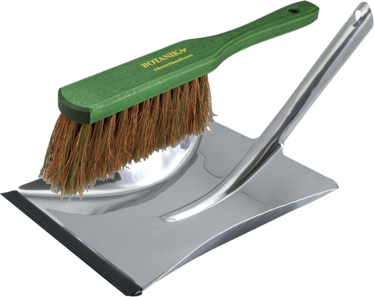 Goedkoopste Stoffer en blik zilver/groen van RVS/hout /kokosharen inclusief lip voor buiten