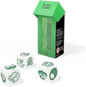 Rory's Story Cubes Animalia. Groene afbeeldingen van dieren zoals een haai en hagedis op witte dobbelstenen. Groene verpakking.