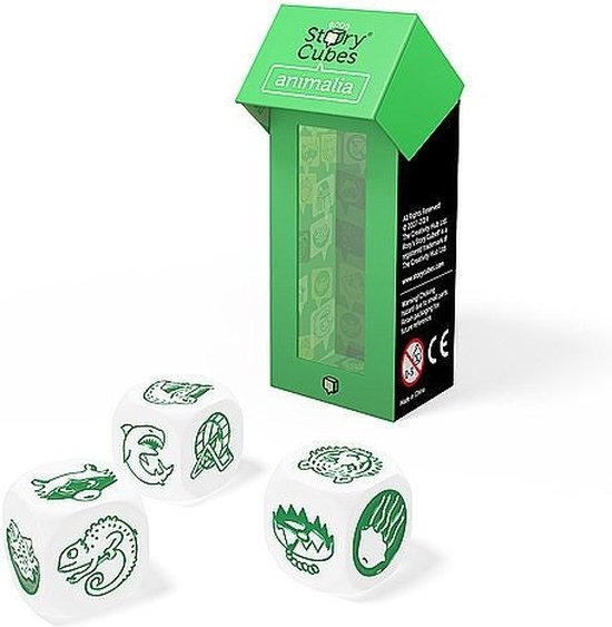 Rory's Story Cubes Animalia. Groene afbeeldingen van dieren zoals een haai en hagedis op witte dobbelstenen. Groene verpakking.