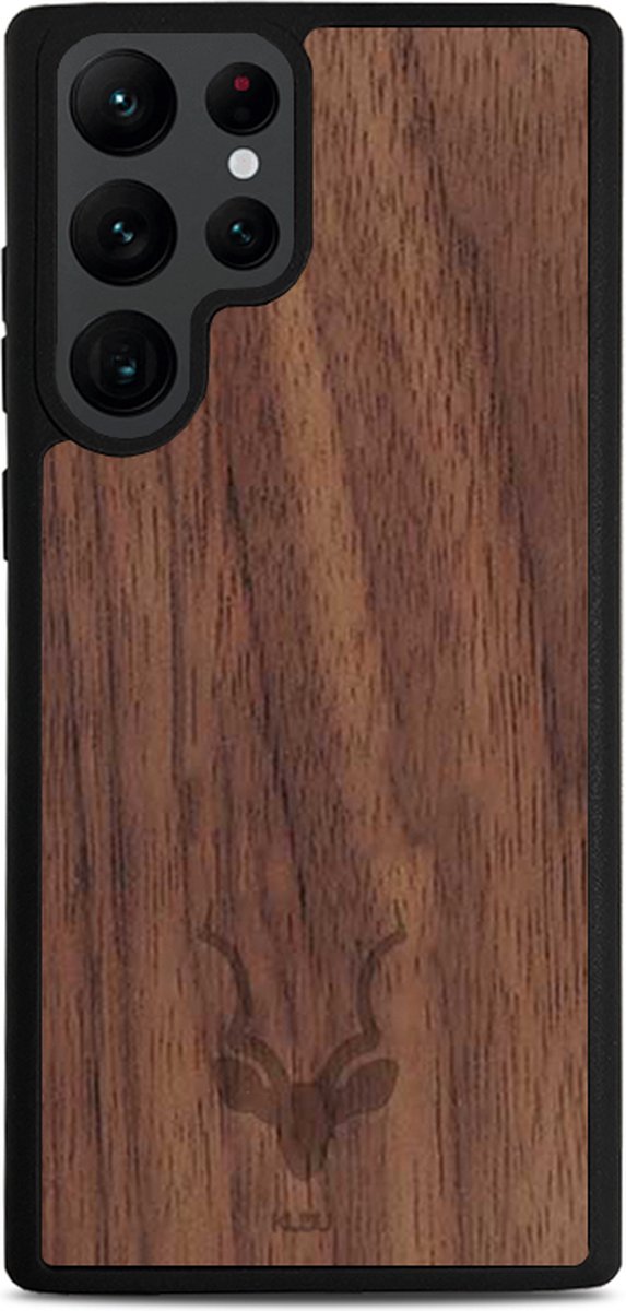 Kudu Samsung Galaxy S22 Ultra hoesje case - Houten backcover - Handgemaakt en afgewerkt met duurzaam TPU - Walnoot - Zwart