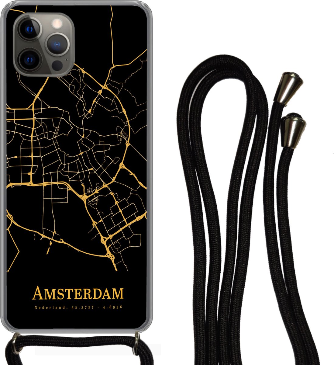 Telefoonkoord - Telefoonketting - Telefoonhoesje Geschikt voor iPhone 12 pro crossbody - Amsterdam - Kaart - Goud - Zwart - Siliconen - Crossbody - Telefoonhoesje met koord Telefoonhoesje