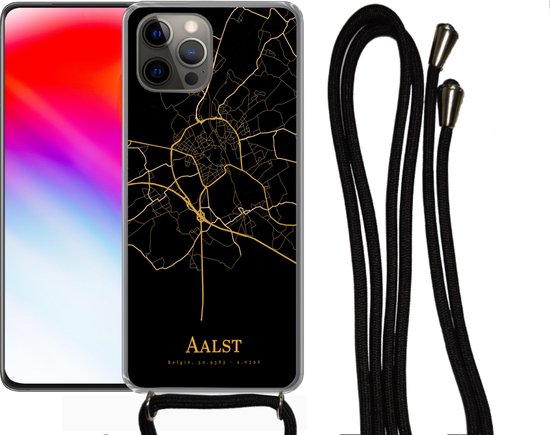 Cordon de téléphone - Chaîne de téléphone - Étui de téléphone Convient pour iPhone 12 pro bandoulière - Alost - Carte - Or - Siliconen - Bandoulière - Étui de téléphone avec cordon