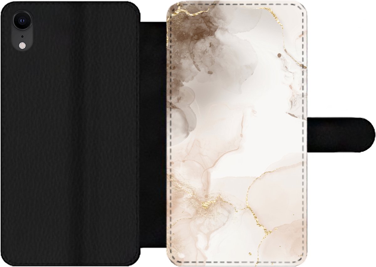 Telefoonhoesje Geschikt voor iPhone XR telefoonhoesje - Marmer print - Bruin - Lijn - Met vakjes - Wallet case met magneetsluiting