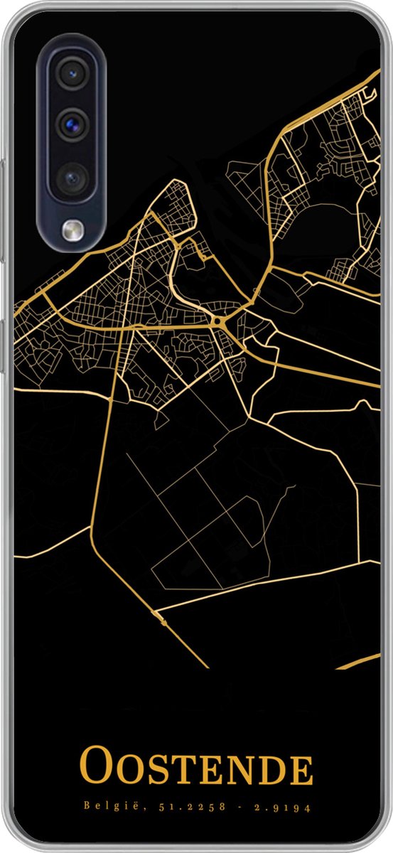 Telefoonhoesje Geschikt voor Samsung Galaxy A50 hoesje - Oostende - Kaart - Goud - Zwart - Siliconen Telefoonhoesje Telefoonhoesje