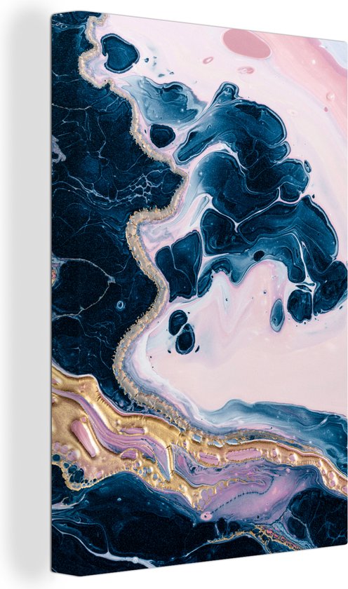 Canvas Schilderij Marmer - Blauw - Roze - 60x90 cm - Wanddecoratie