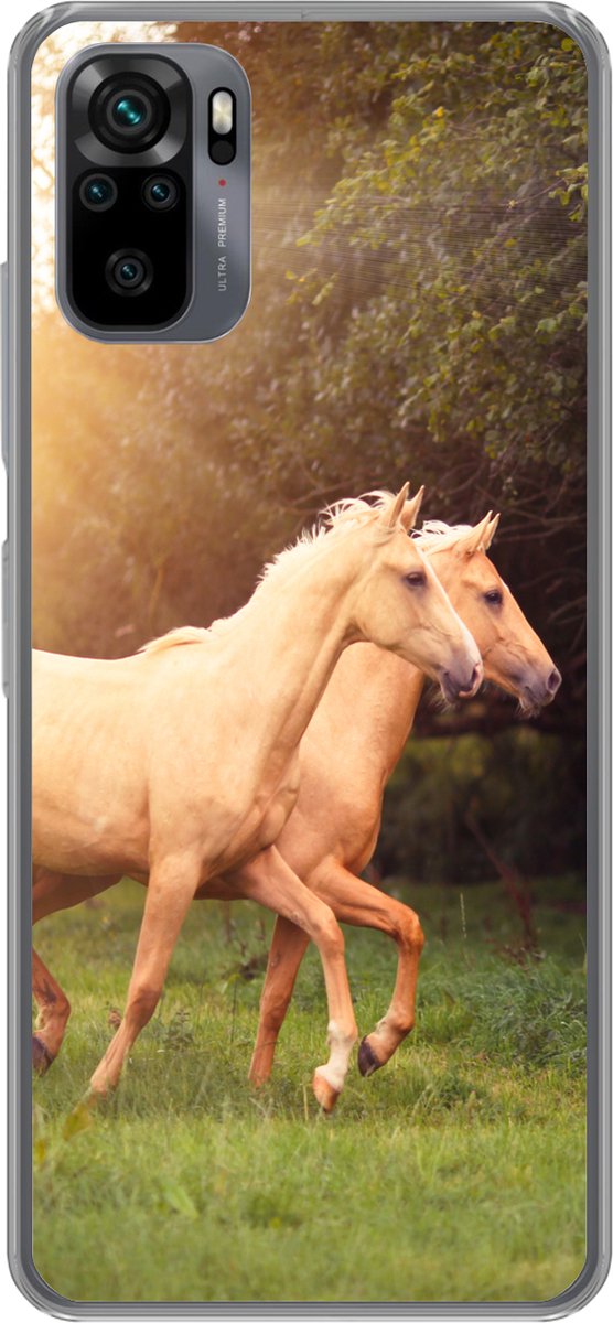 Telefoonhoesje Geschikt voor Xiaomi Geschikt voor Redmi Note 10 hoesje - Paarden - Bos - Zon - Siliconen Telefoonhoesje Telefoonhoesje