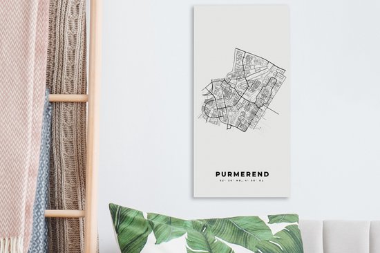Canvas Schilderij Plattegrond – Purmerend – Zwart Wit – Stadskaart - Kaart - Nederland - 20x40 cm - Wanddecoratie
