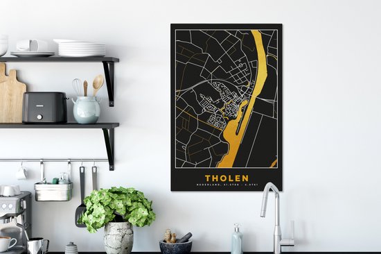 Tableau sur toile Tholen - Black and Gold et Or - Plan de la ville - Carte - Plan - 40x60 cm - Décoration murale