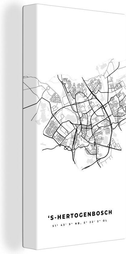 Canvas Schilderij Kaart – Plattegrond – Stadskaart – 'S Hertogenbosch – Nederland – Zwart Wit - 40x80 cm - Wanddecoratie