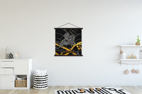 Posterhanger incl. Poster 60x60 cm - Schoolplaat - Wijk bij Duurstede - Stadskaart - Plattegrond - Kaart - Black and Gold - Textielposter - Zwarte latten - Plattegrond