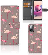 Hoesje met naam Xiaomi Redmi Note 10/10T 5G | Poco M3 Pro Wallet Book Case Flamingo