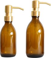 Ensemble de pompes à savon Growth Set 200 ml + 300 ml | Distributeurs de savon en Verres | Autonome et rechargeable | Glas ambré avec tête de pompe en acier inoxydable | Or