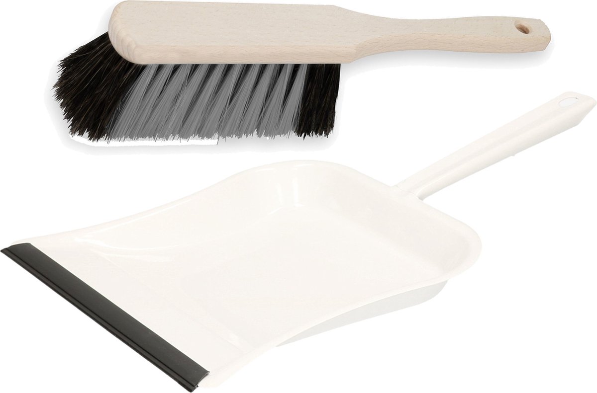 Buemag Stoffer en blik - wit - metaal/hout met lip - voor binnen - Zachte borstel / handveger
