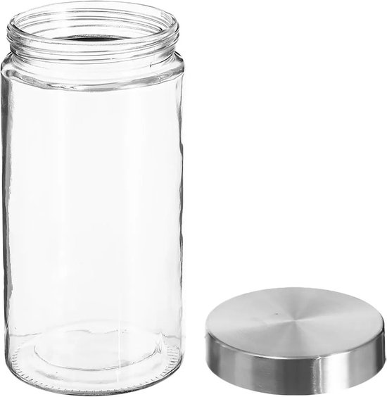 Bocal de stockage en verre avec couvercle en acier inoxydable à côté.