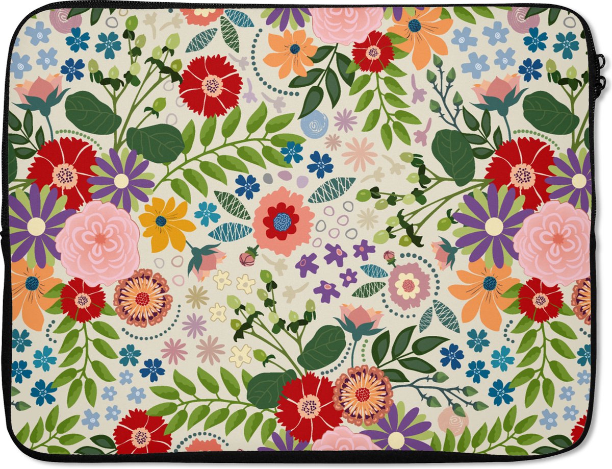 Laptophoes 15.6 inch - Bladeren - Bloemen - Design - Laptop sleeve - Binnenmaat 37x26 cm - Zwarte achterkant