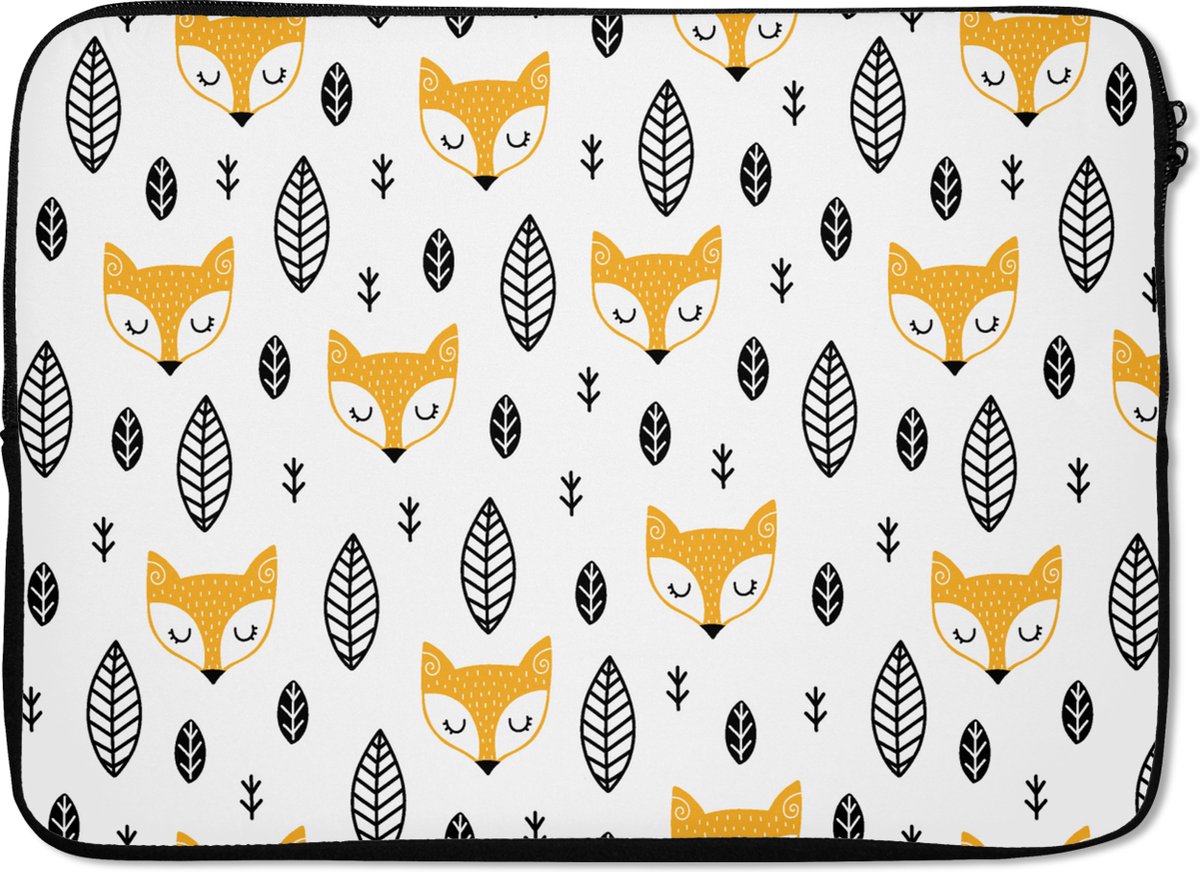 Laptophoes 13 inch - Vos - Scandinavisch - Kinderen - Bladeren - Patronen - Laptop sleeve - Binnenmaat 32x22,5 cm - Zwarte achterkant