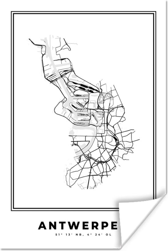 Poster 20x30 cm - Stadskaart – Zwart Wit - Kaart – Antwerpen – België – Plattegrond - Posters - Kamer decoratie - Wanddecoratie woonkamer - Muurdecoratie slaapkamer