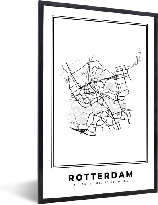 Fotolijst incl. Poster Zwart Wit- Stadskaart – Zwart Wit - Kaart – Rotterdam – Nederland – Plattegrond - 40x60 cm - Posterlijst