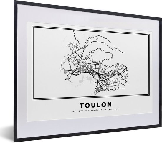 Fotolijst incl. Poster Zwart Wit- Kaart – Toulon - Zwart Wit – Plattegrond – Stadskaart - 40x30 cm - Posterlijst