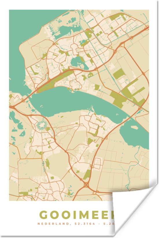 Affiche Gooimeer - Rétro - Carte - Plan de la ville - Plan d'étage - 120x180 cm XXL