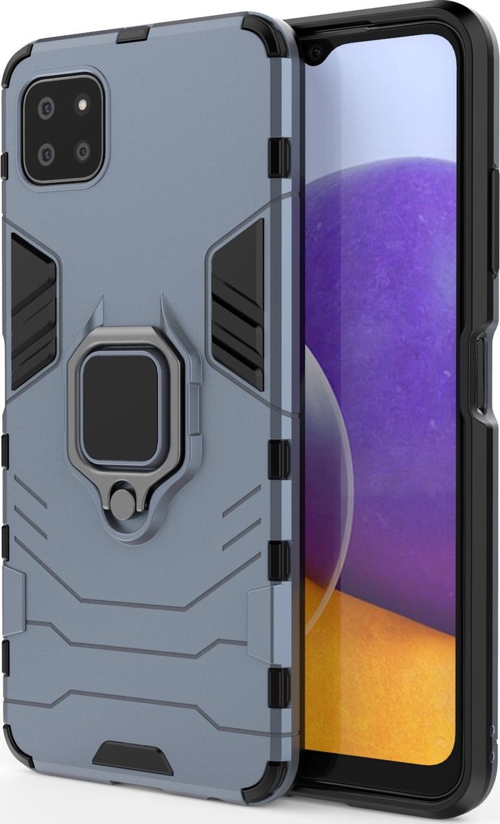 Mobigear Hoesje geschikt voor Samsung Galaxy A22 5G Telefoonhoesje Hardcase | Mobigear Armor Ring Backcover Shockproof met Ringhouder | Schokbestendig Galaxy A22 5G Telefoonhoesje | Anti Shock Proof - Blauw