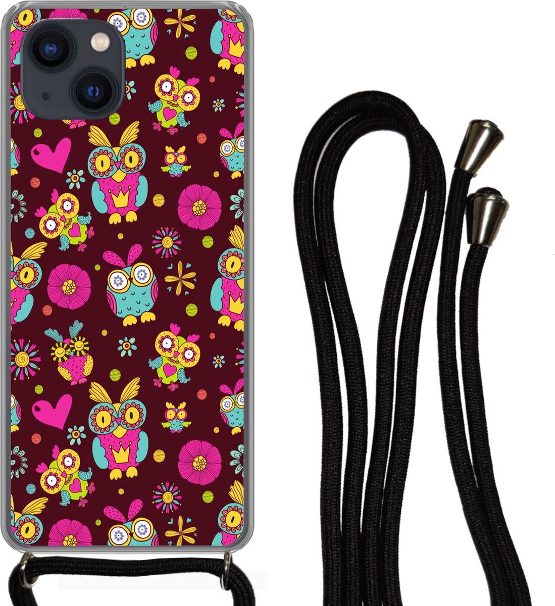 Telefoonhoesje Geschikt voor iPhone 13 Mini - Meisjes - Uil - Chocolade - Patronen - Girl - Kind - Kinderen - Siliconen - Crossbody - Backcover met Koord - Telefoonhoesje met koord - Hoesje met touw Telefoonhoesje