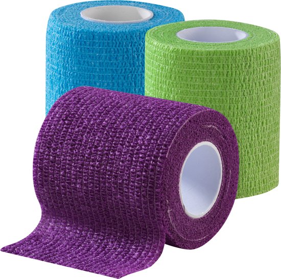 Drie rollen Mivolis zelfklevende bandage in paars, blauw en groen.