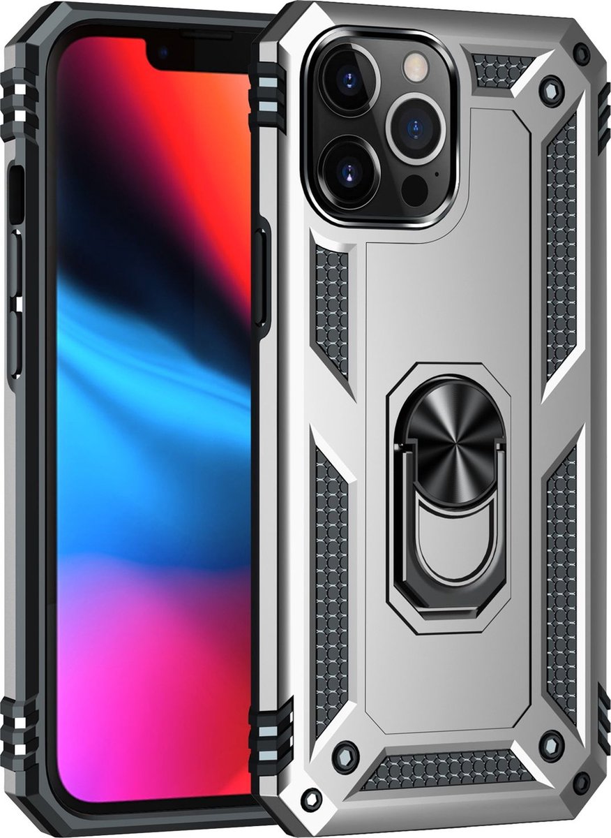Mobigear Hoesje geschikt voor Apple iPhone 13 Pro Max Telefoonhoesje Hardcase | Mobigear Armor Ring Backcover Shockproof met Ringhouder | Schokbestendig iPhone 13 Pro Max Telefoonhoesje | Anti Shock Proof - Zilver