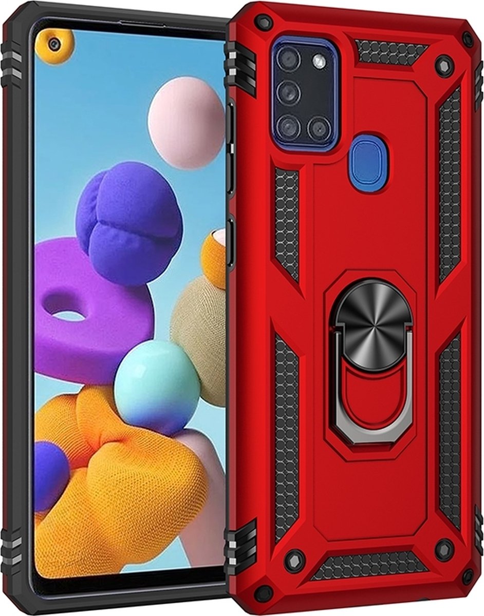 Mobigear Hoesje geschikt voor Samsung Galaxy A21s Telefoonhoesje Hardcase | Mobigear Armor Ring Backcover Shockproof met Ringhouder | Schokbestendig Galaxy A21s Telefoonhoesje | Anti Shock Proof - Rood