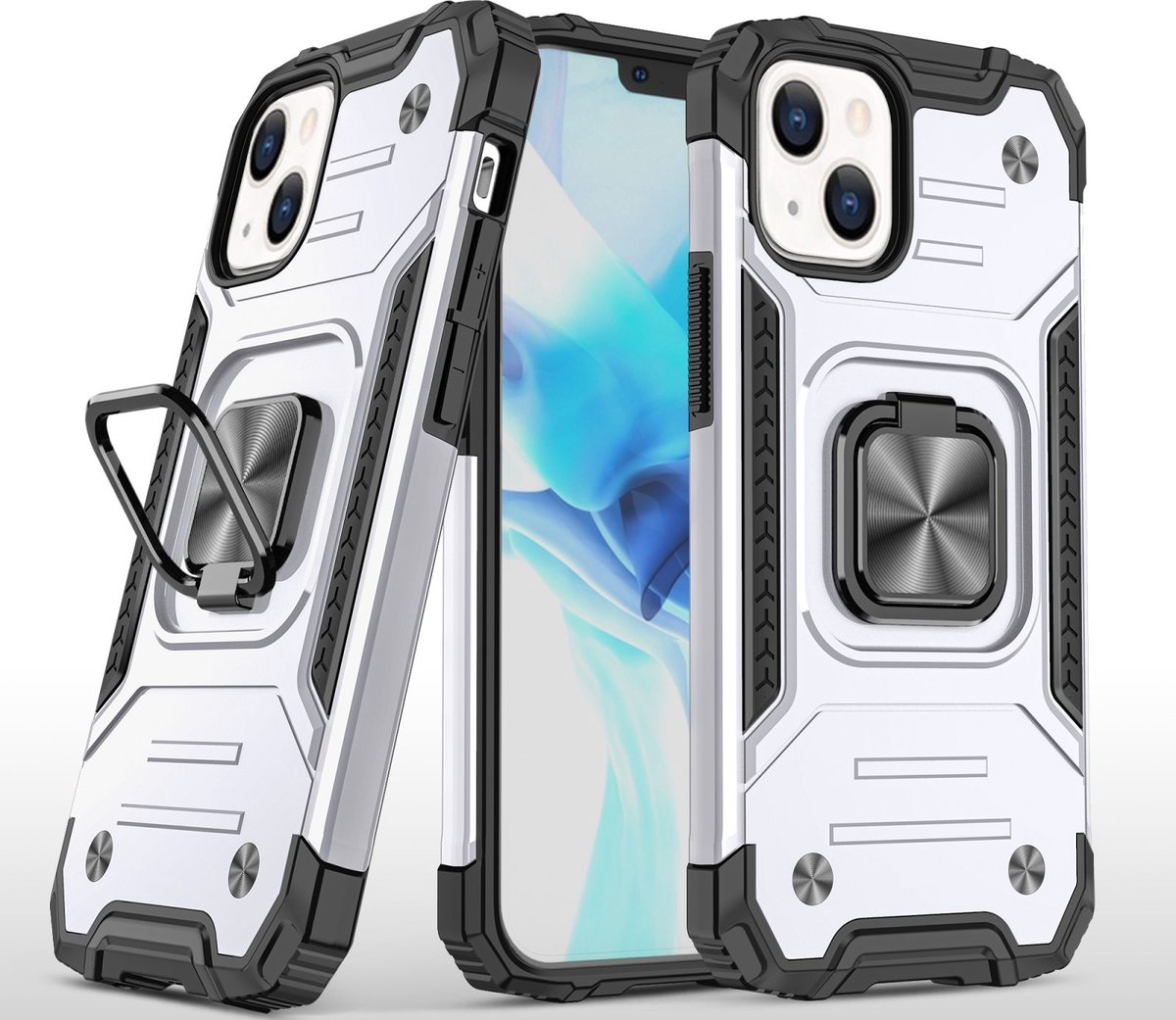 Mobigear Hoesje geschikt voor Apple iPhone 13 Pro Telefoonhoesje Hardcase | Mobigear Armor Ring Backcover Shockproof met Ringhouder | Schokbestendig iPhone 13 Pro Telefoonhoesje | Anti Shock Proof - Zilver