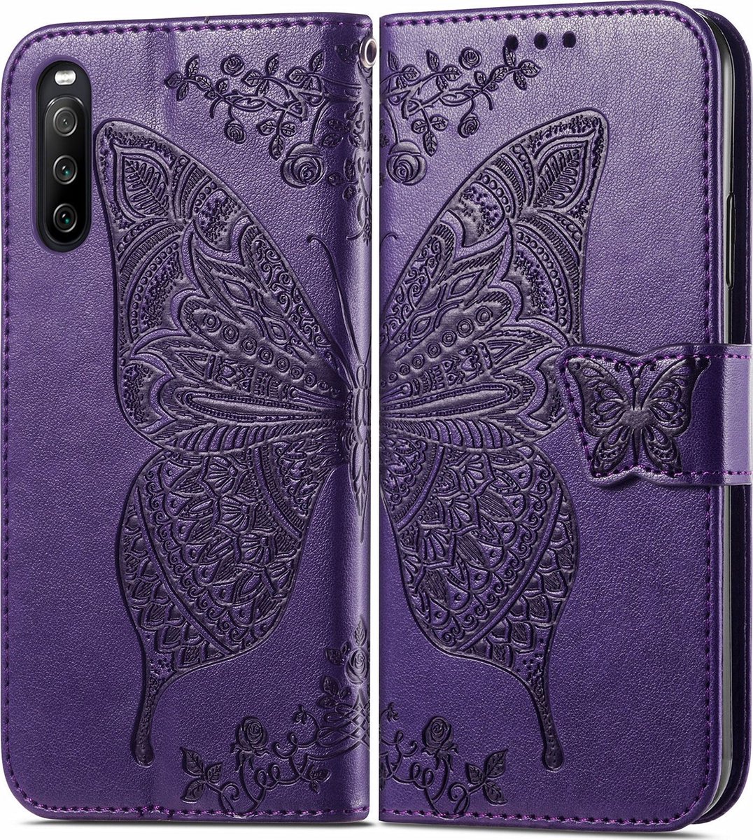 Mobigear Telefoonhoesje geschikt voor Sony Xperia 10 III Hoesje | Mobigear Butterfly Bookcase Portemonnee | Pasjeshouder voor 3 Pasjes | Telefoonhoesje voor Pinpas / OV Kaart / Rijbewijs - Paars
