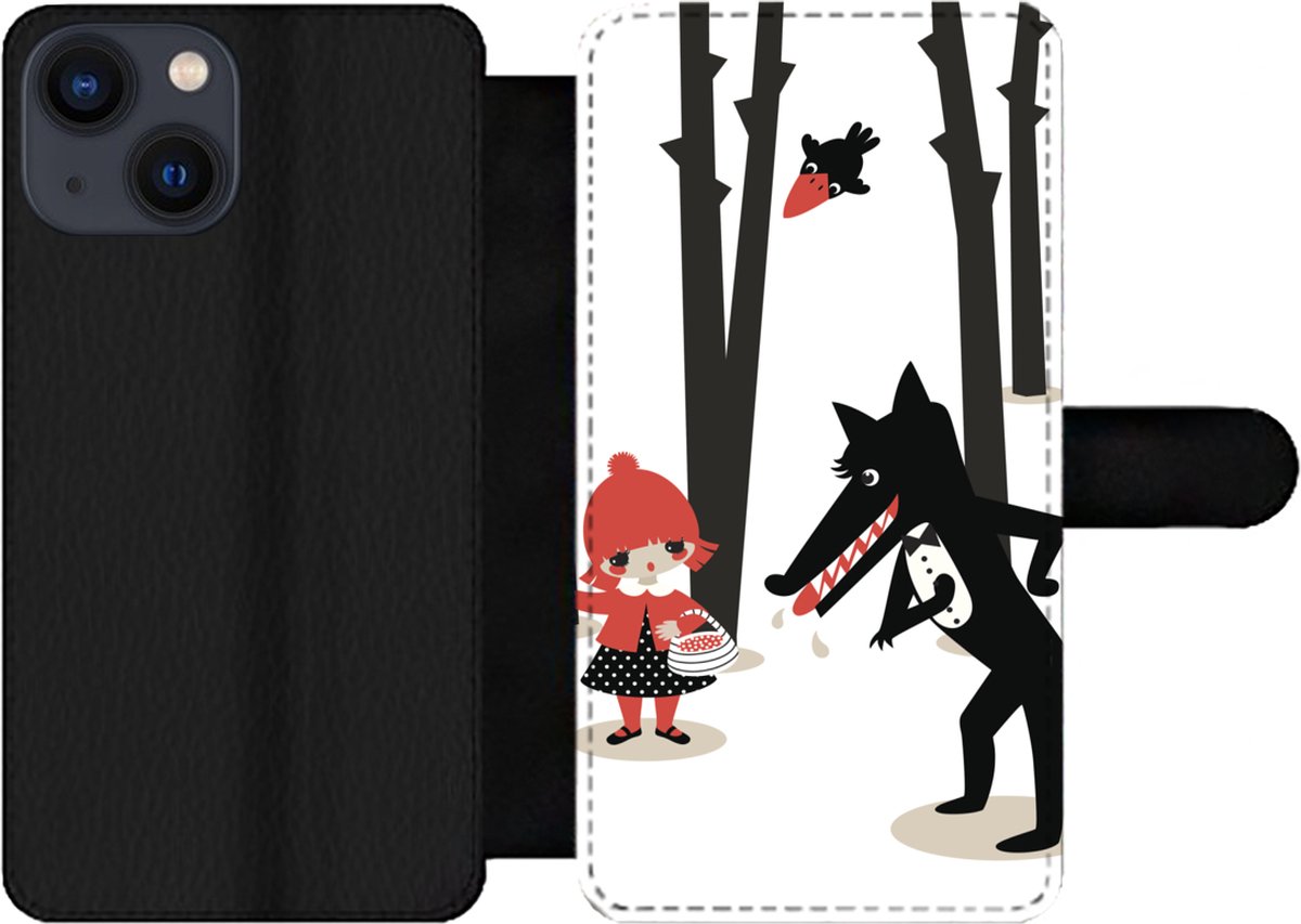 Telefoonhoesje Geschikt voor iPhone 13 Mini telefoonhoesje - Roodkapje - Wolf - Bos - Met vakjes - Wallet case met magneetsluiting