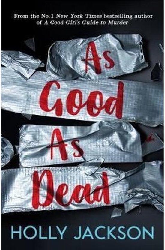 Boek kaft met de titel "As Good As Dead" in rode letters op zilver ducttape.