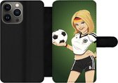 Bookcase Geschikt voor iPhone 13 Pro Max telefoonhoesje - Een illustratie van een meisje met Duitse kleding en een voetbal - Meiden - Meisjes - Kinderen - Met vakjes - Wallet case met magneetsluiting