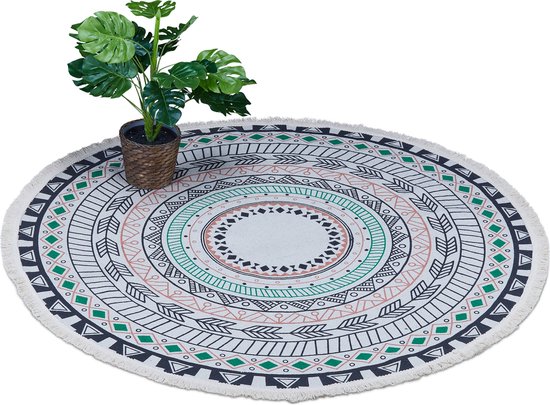 Relaxdays vloerkleed rond - mandala print - tapijt met franjes - kleurrijk - 120 cm