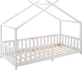 Huisbedden voor kinderen - groot bed met dak en hek - houten bedframe voor kinderen tieners meisjes en jongens - eenvoudige montage Volledig bed op de grond wit 90x200cm