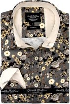 Heren Overhemd - Slim Fit - Spring Floral Satijn - Grijs - Maat M