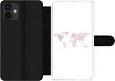 Bookcase Geschikt voor iPhone 12 telefoonhoesje - Wereldkaart - Marmer print - Roze - Met vakjes - Wallet case met magneetsluiting