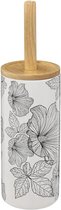 WC-/toiletborstel met houder rond wit/zwart met hibiscus bloemen patroon zandsteen/bamboe 38 cm
