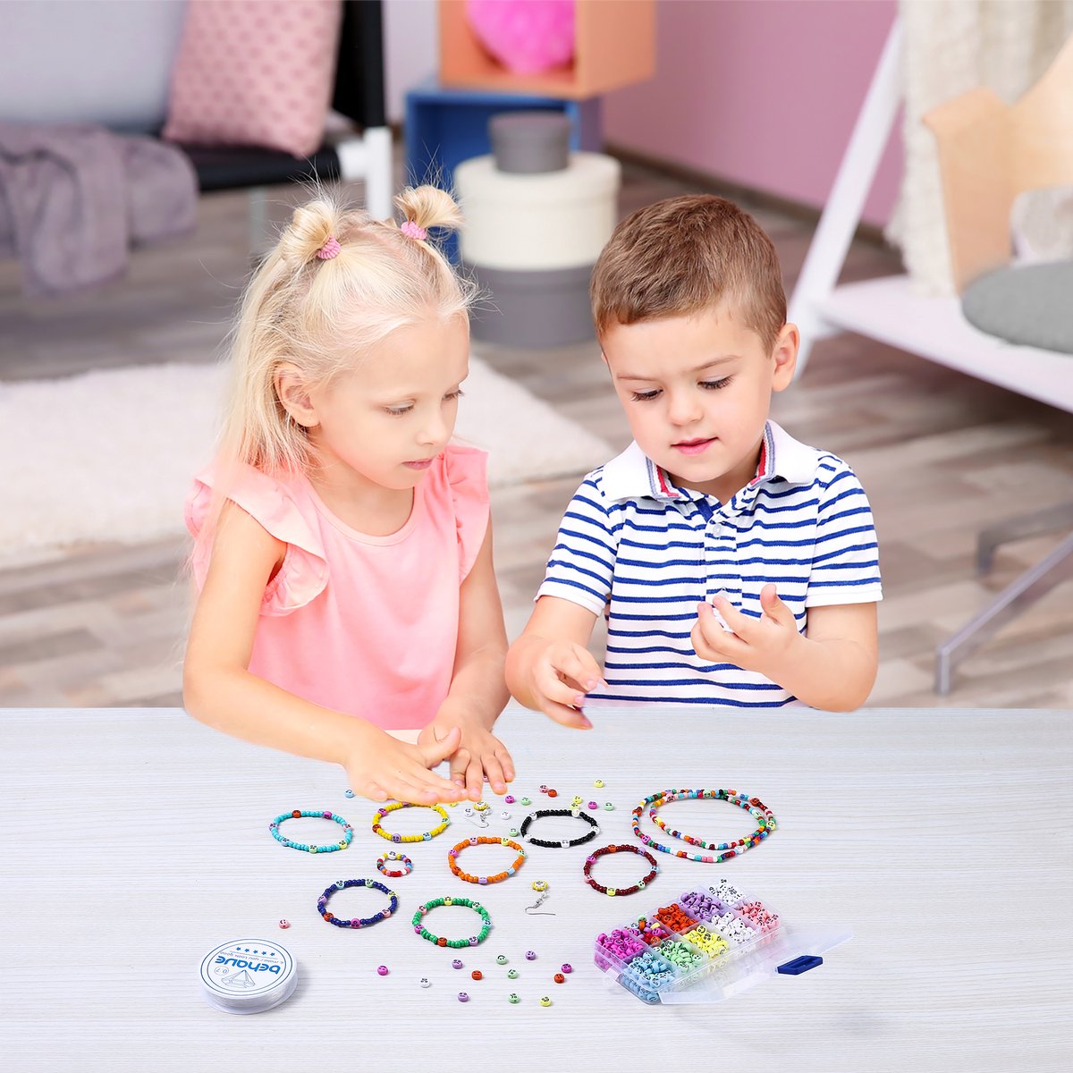 Behave Smiley Kralen Set - Knutselen Meisjes - Emoji Kralen - DIY Sieraden maken - Rijgdraad - 10 Kleuren - 7x4mm - 65 Kralen per Kleur - Totaal 650 Stuks — afbeelding 8