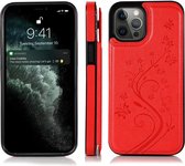 Hoesje geschikt voor iPhone SE 2020 - Backcover - Pasjeshouder - Portemonnee - Bloemenprint - Kunstleer - Rood