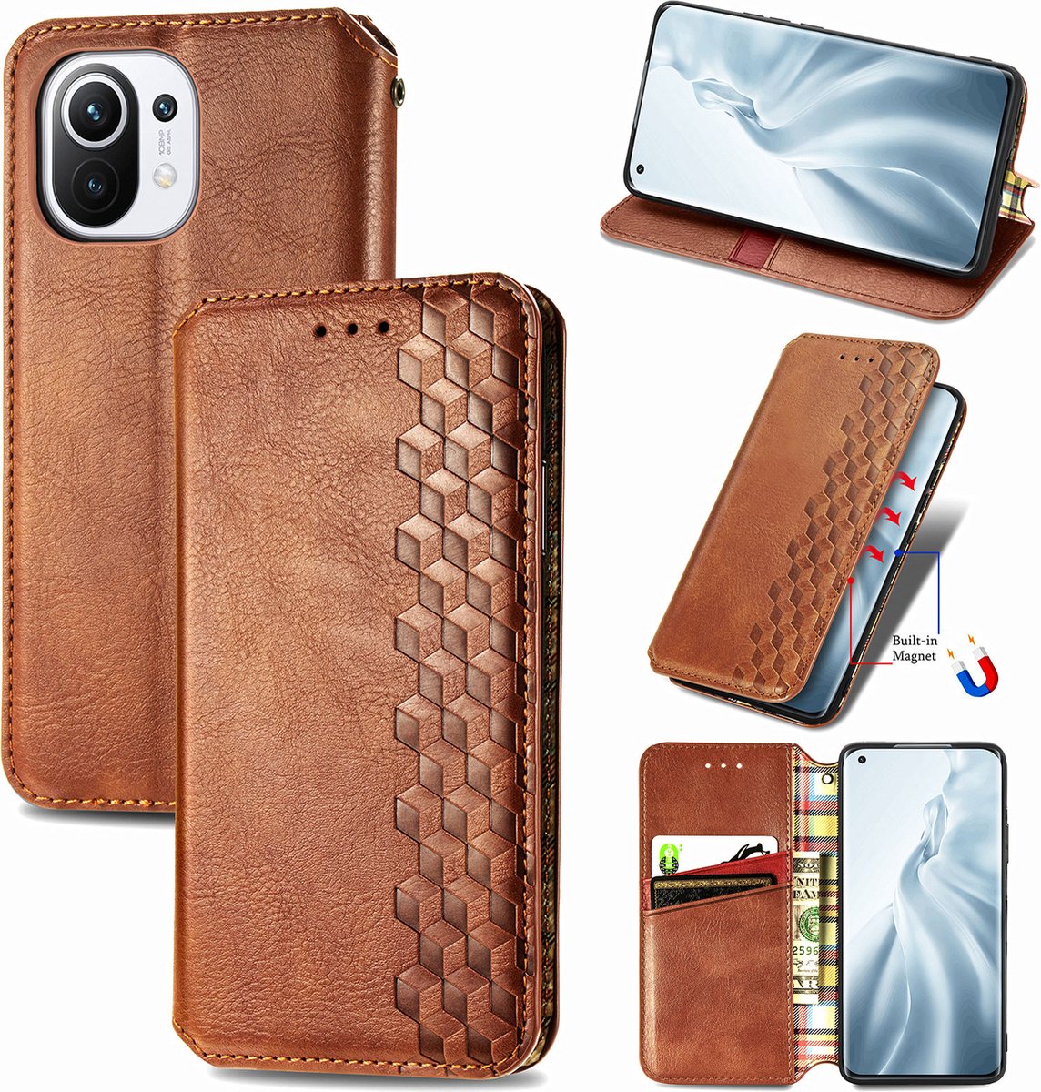 Luxe PU Lederen Ruitpatroon Wallet Case + PMMA Screenprotector voor Xiaomi Mi 11 _ Bruin