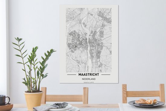 Carte Peinture sur Toile - Maastricht - Zwart - Wit - 60x80 cm - Décoration murale - Plan de la Ville