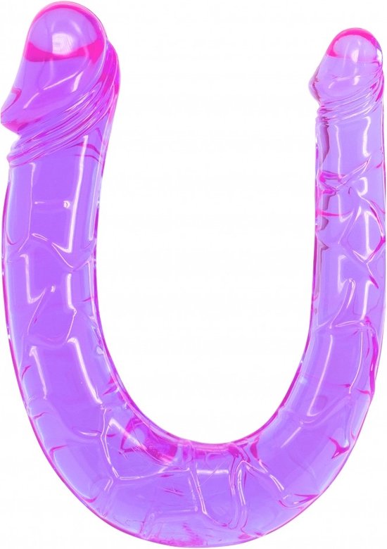 Dubbele paarse dildo met twee koppen en een aderenstructuur.